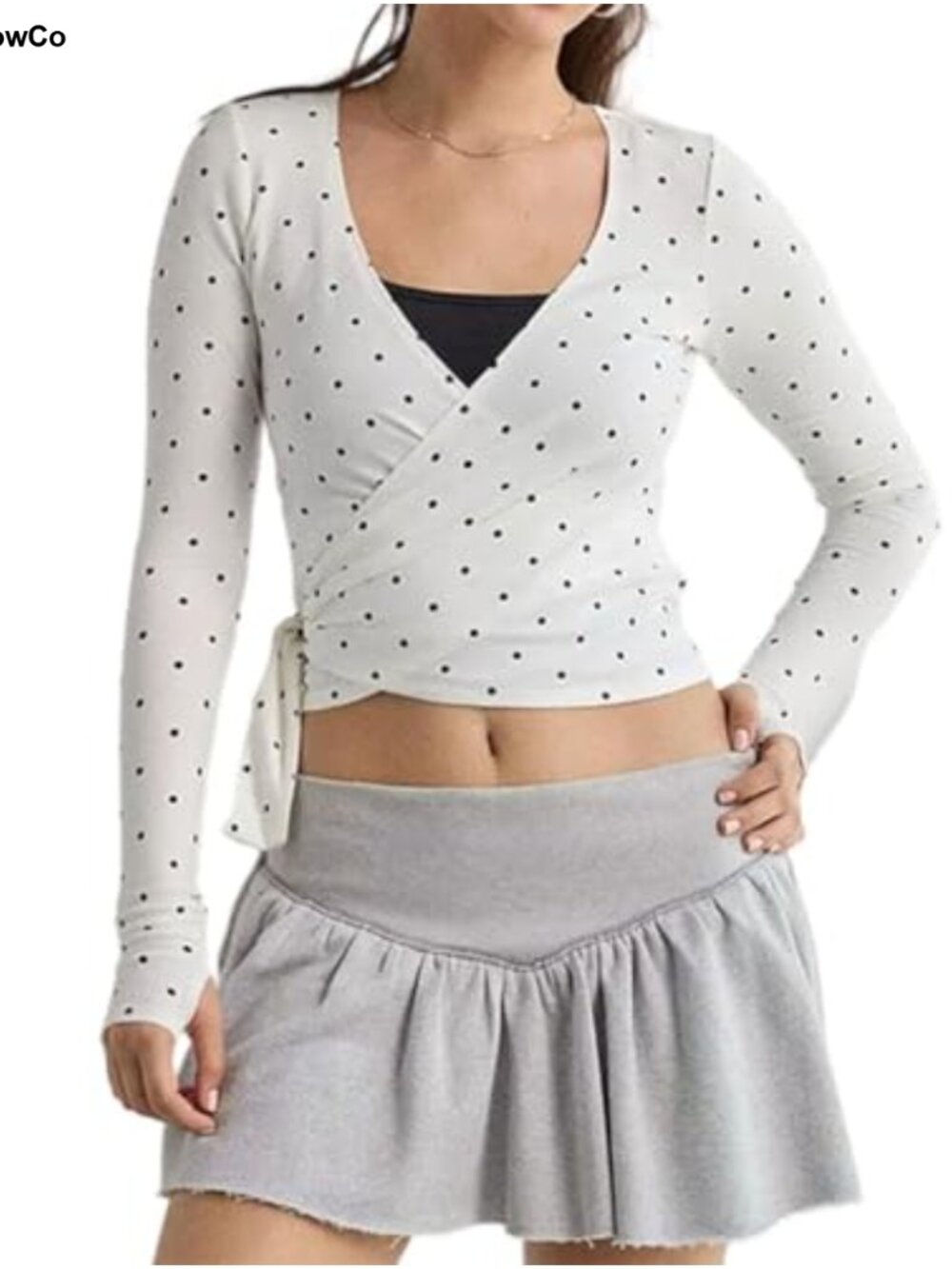 Women's Long Sleeve V-Neck Tie Front Crop Top Thumb Hole Slim Fit Workout Tee
